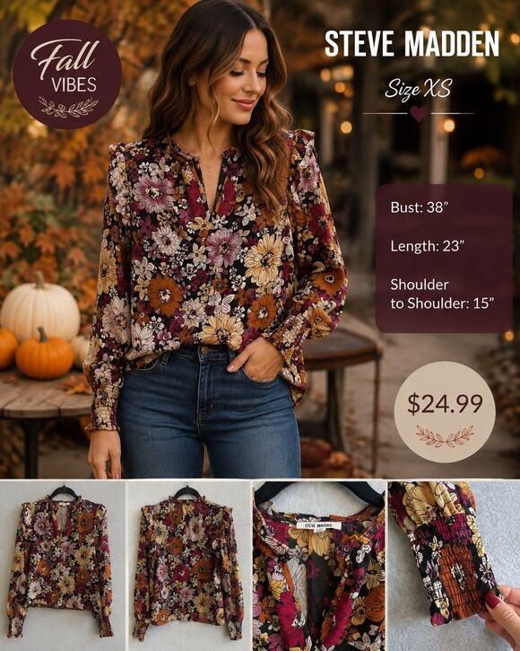 Steve Madden Tops - Steve Madden Fall Floral Ruffled Blouse Sheer Lined Smocked Cuffs Longsleeve XS